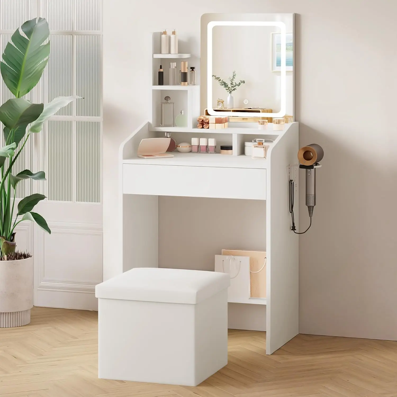 

Small Vanity Set with Lighted Mirror & Power Station, 24" Modern White Makeup Desk with Storage Stool, HairDryer, Customized