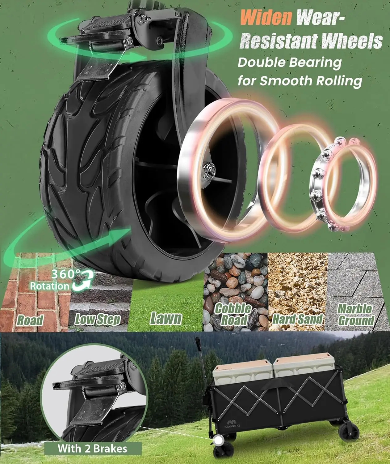 عربة عربة قابلة للطي مقاس 48 بوصة، شديدة التحمل بسعة 320 لتر وعجلات لجميع التضاريس للشاطئ والتخييم والبقالة