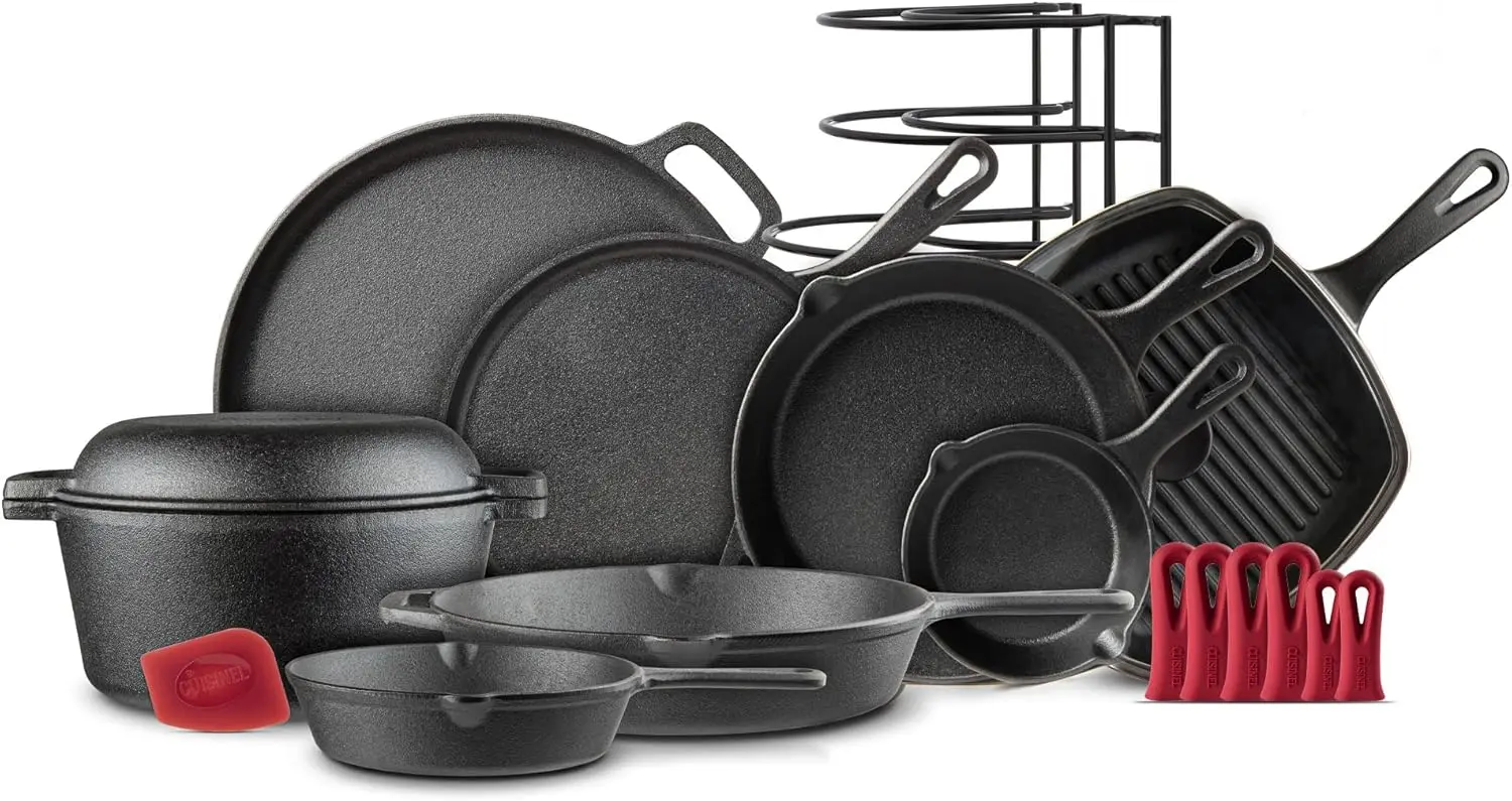 Cast Iron Cookware 17-Piece Set Seasoned Skillet  Grill Pan Lid  Griddle  Pizza Pan  Dutch Oven+Pan