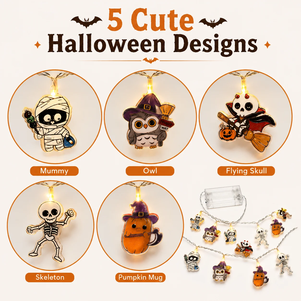 1PC Halloween 10/20/40LED String Lights Mummy Skeleton Owl Pumpkin Fairy Lights Battery Powered for Home Indoor Festival Decor