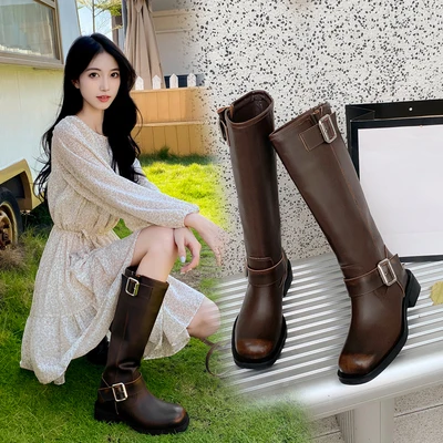 Winter Woman High Boots Buckles Round Toe Ladies Elegant Mid-calf Long Boots Party Winter Casual Botas