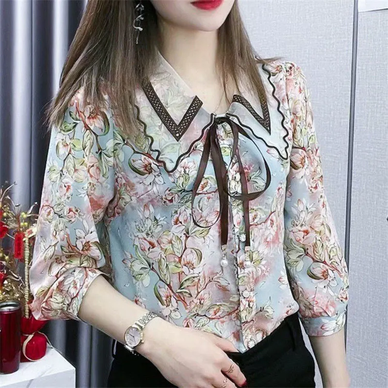 Vintage Floral Print Mesh Embroidery Lace Up Elegant Chic Ladies Tops Spring Summer Fashion Sweet Slim Blouse Shirt Women Blusas