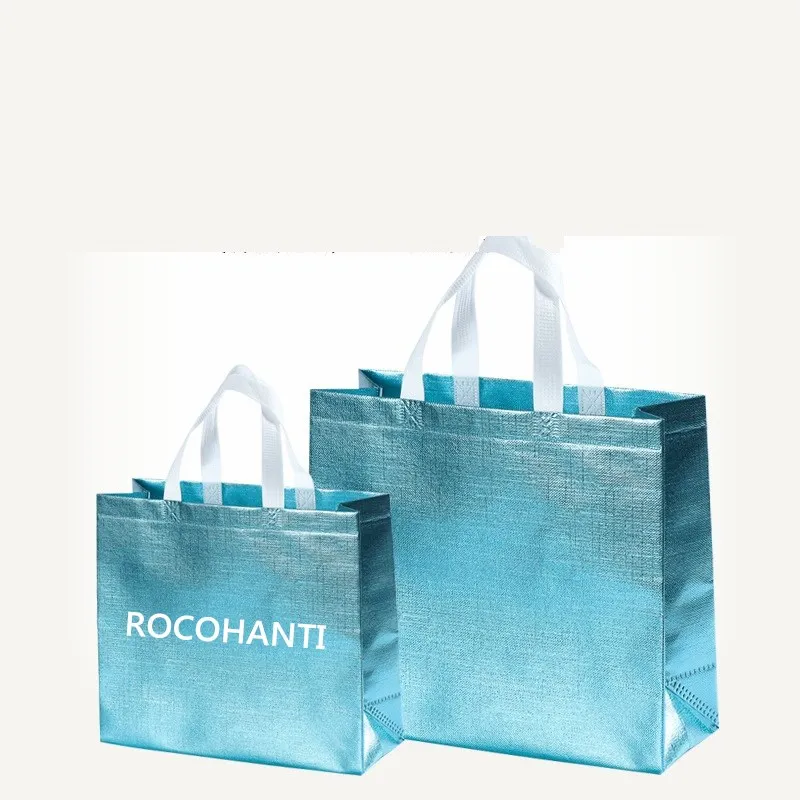 50PCS Wholesale Custom Printed Eco Friendly Recycled Reusable Laminated Metallic Non Woven Tote Shopping Bag