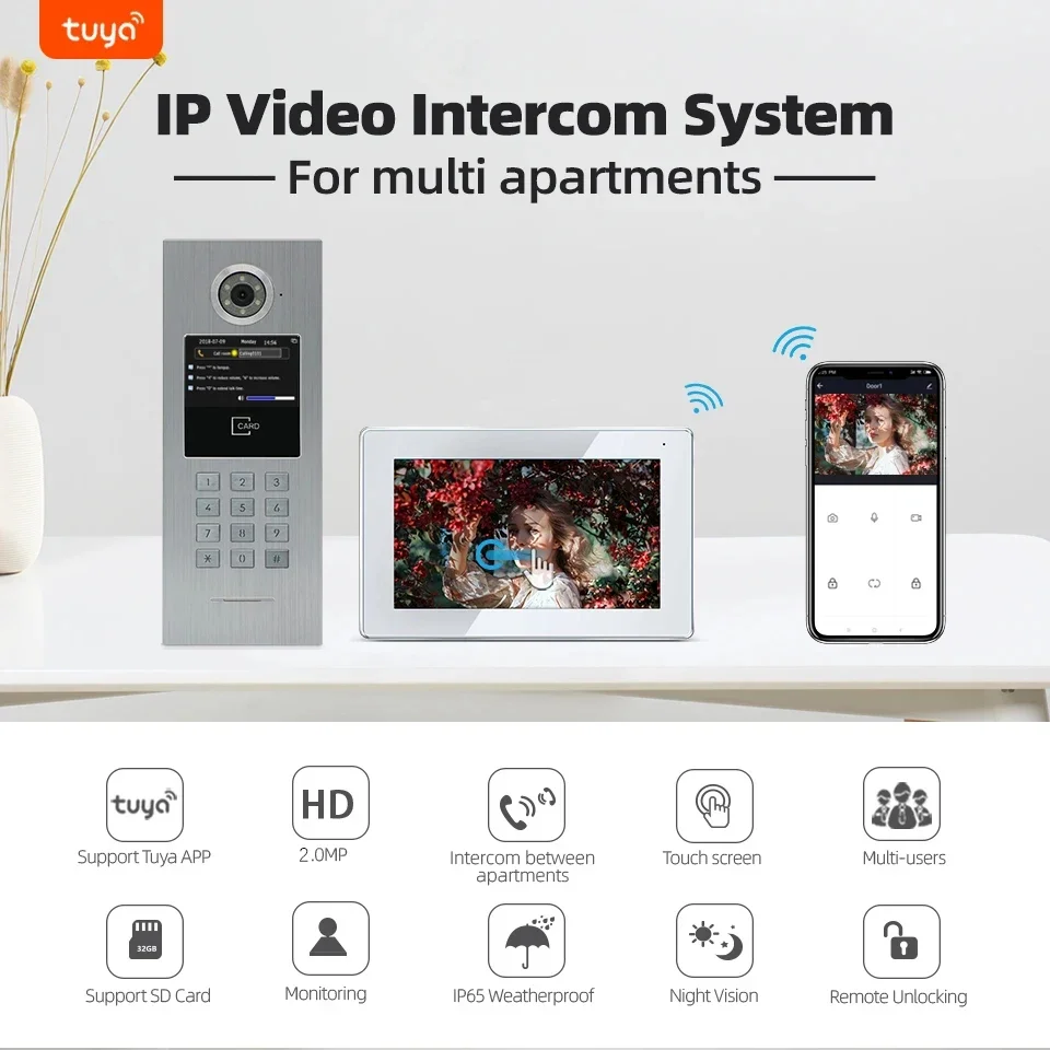 Jeatone TUYA interkom pintu 7 inci, telepon pintu interkom Video kamera pintu Video WIFI 1080P untuk sistem akses jarak jauh rumah