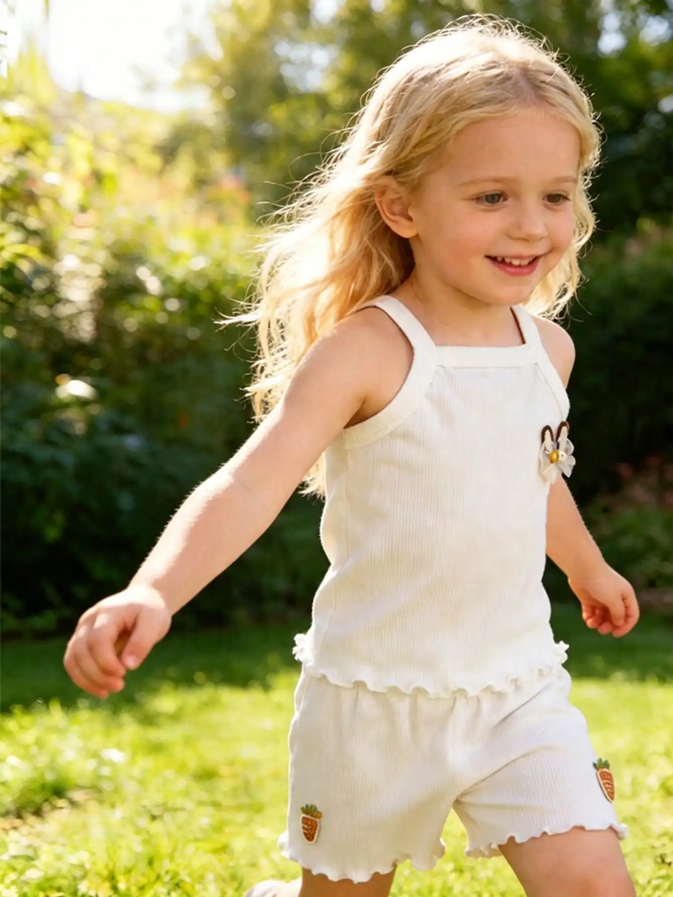 2Pcs Girls Ribbed Cami Top + Shorts Set Cute Bunny & Carrot Embroidery Outfit Polyester Spandex Summer Casual Kids Clothes 2-11Y