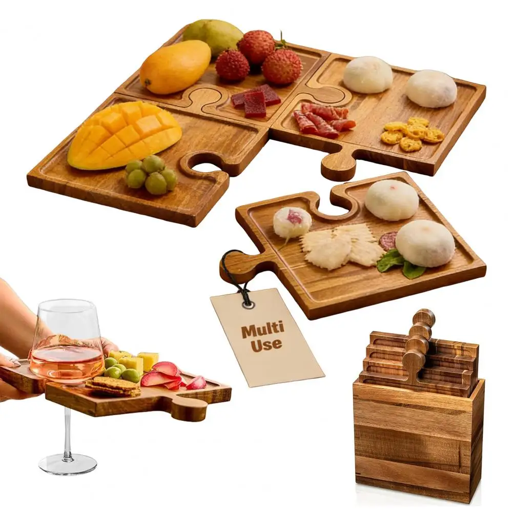 Wine Glass Tray 4pcs Wooden Puzzle Charcuterie Boards Set Cheese Appetizer Serving Trays with Cutouts Storage Box Charcuterie