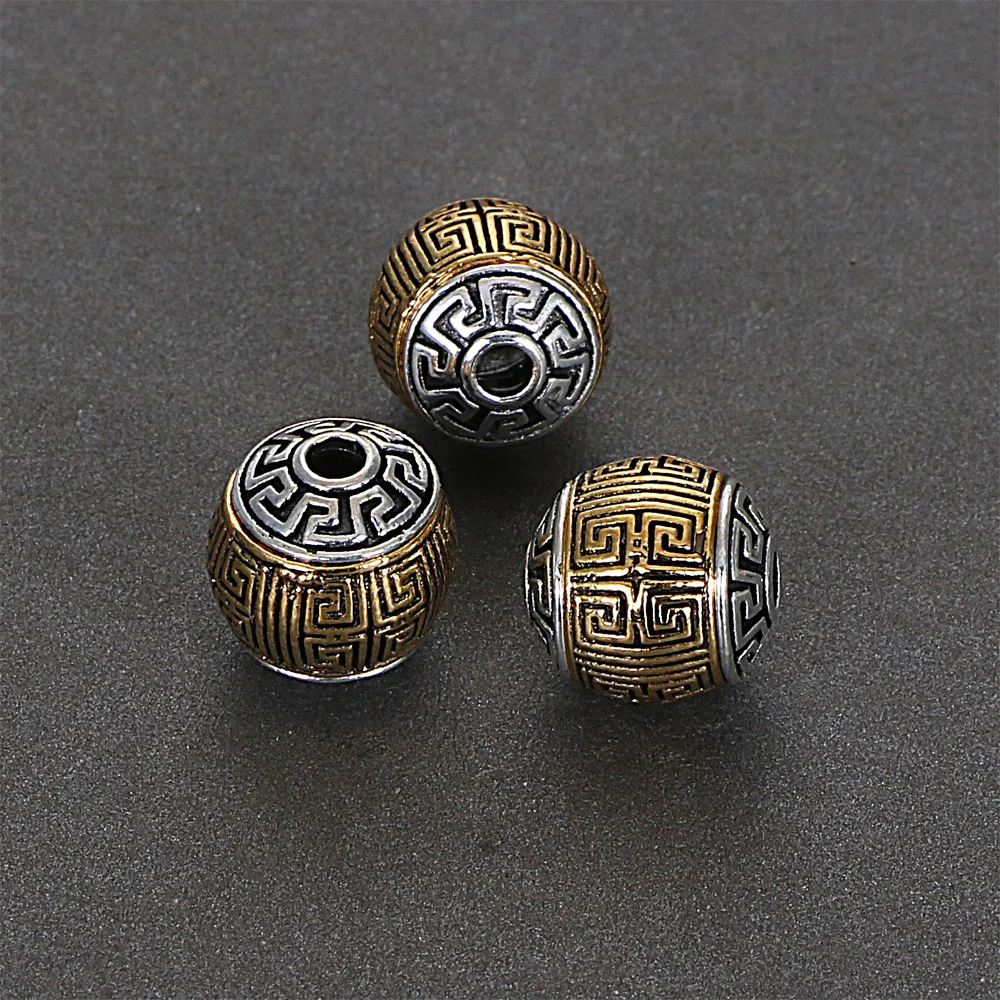 5Pcs 11x11MM Antique Golden Silver Plated Cast Metal Striped Round Spacers Beads With Chinese knot For Diy Jewelry Making