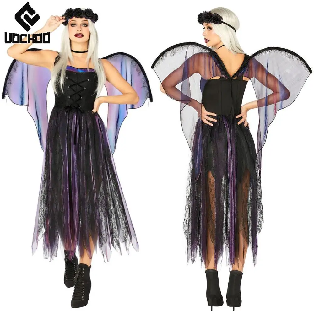 

Evil Angel Dress Halloween Cospaly Costume Gothic Gown with Wing Dark Elves Outfit Witch Mesh Robe Festival Carnival Clothing