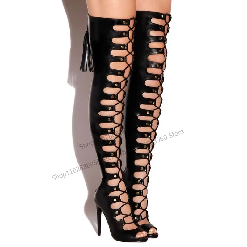 Cross-Tied Black Hollow Tassels Sandal Boots Over The Knee Thin High Heel Women Shoes Back Zipper Peep Toe Zapatos Para Mujere