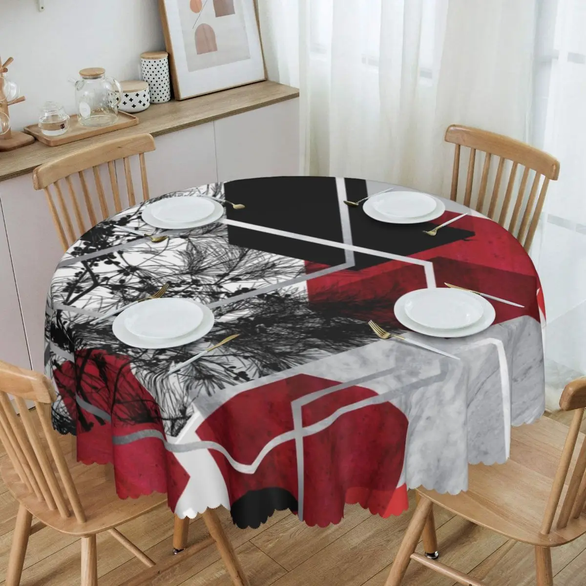 Customized Digital Landscape Round Tablecloths 60 Inch Abstract Geometric Texture Table Covers for Dining Table Cloth