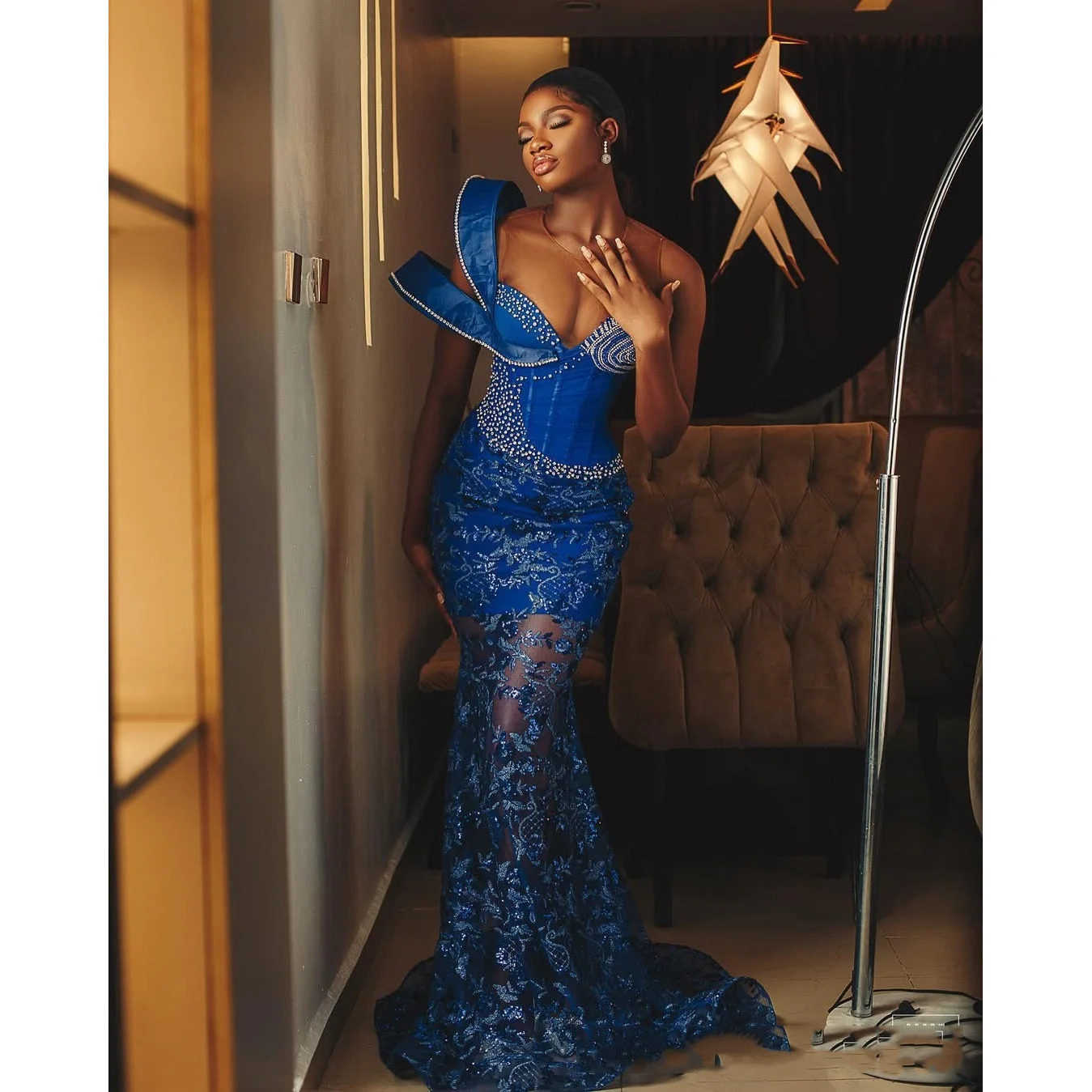 Charming Evening Dresses Beaded Tulle Royal Blue Sheer Transparent Sleeveless Prom Dress Mermaid Formal Gowns Beaded Lace