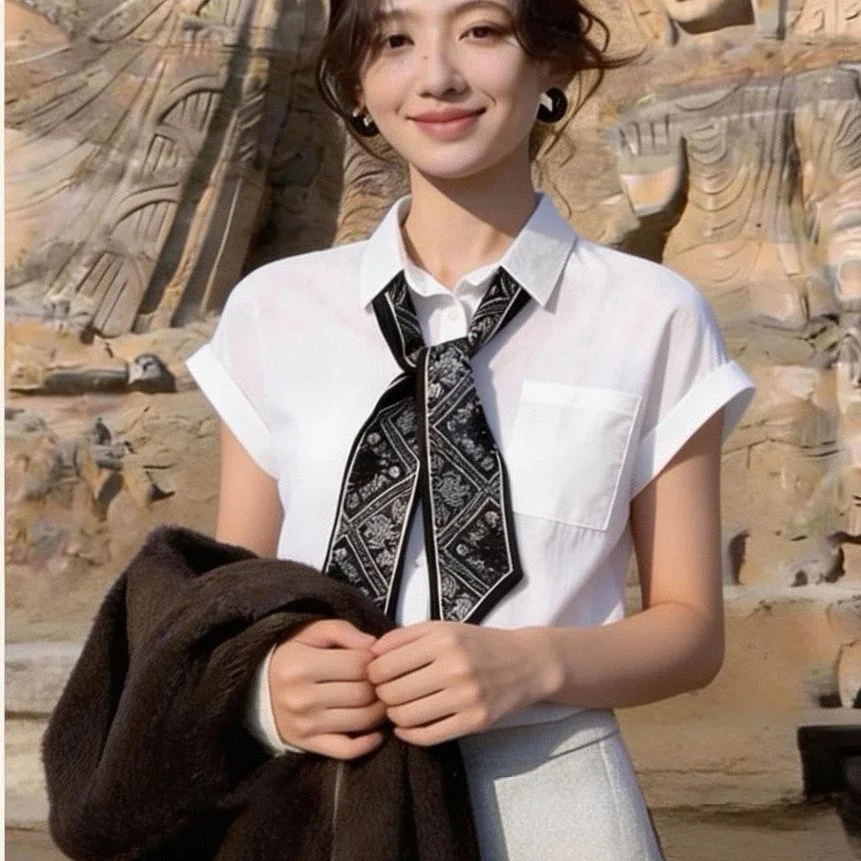

White Collar Sleeveless Shirt Women Summer 2026 New Loose Casual Shirt Elegantly Slimming Top Silk Scarf Included