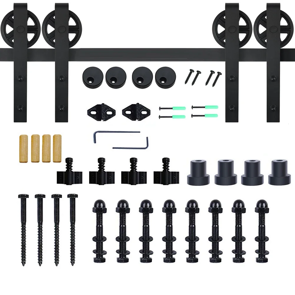 HACCER  4-16FT Sliding Barn Door Hardware Big Spoke Wheel Slide Track Kit for Double Door Industrial Style