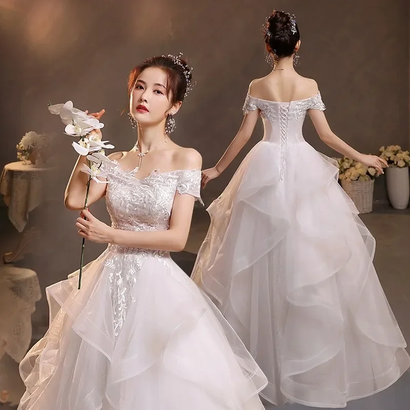 Korean Elegant and Fashionable One Shoulder Wedding Dress 2024 Open Back Tie Up Business Dinner Big Display Fluffy Skirt