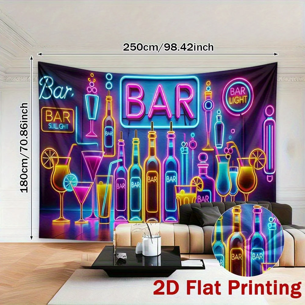 Neon Bar Tapestry - Glow-in-the-Dark Party Wall Decor Colorful Bottle & Cocktail Design Nightclub Style Polyester Multiple Sizes