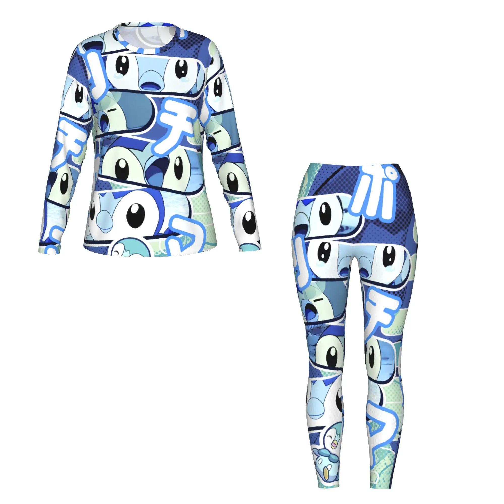 Piplup с милым принтом, комплект из 2 предметов, женская футболка с длинными рукавами, леггинсы, подходящий для домашнего путешествия, фитнеса и т. д.