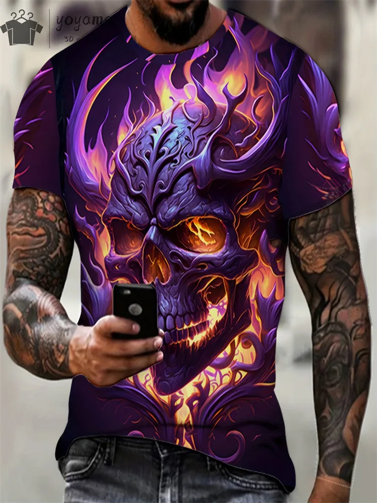 Retro Men\'s Horror Skull 3D Print T-Shirt Summer Crew Neck Short Sleeve Fashion Oversized Tees Men\' Street Punk Style Clothing