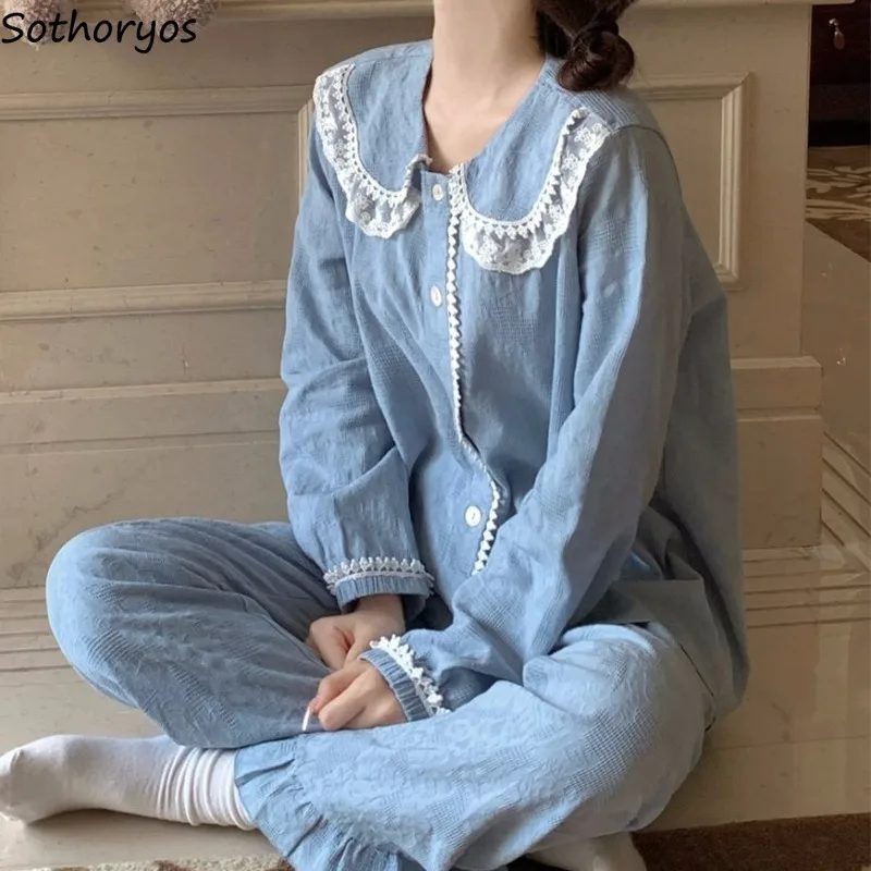 Sweet Pajama Sets for Women Lovely Design Peter Pan Collar Korean Style Lace Students Clothing Spring Ruffles Elastic Waist Chic