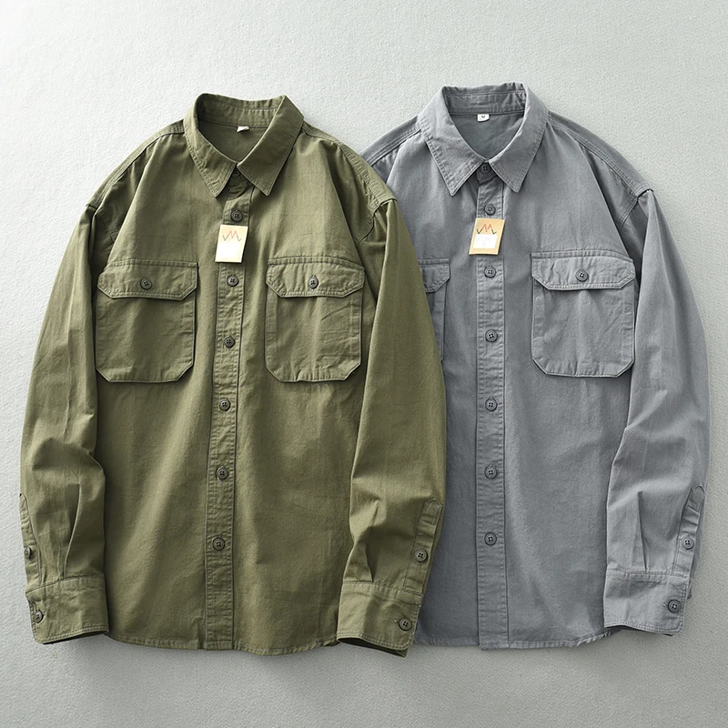 Vintage wash multi-pocket shirt men\'s long sleeve autumn lapel cotton loose casual cargo coat coat