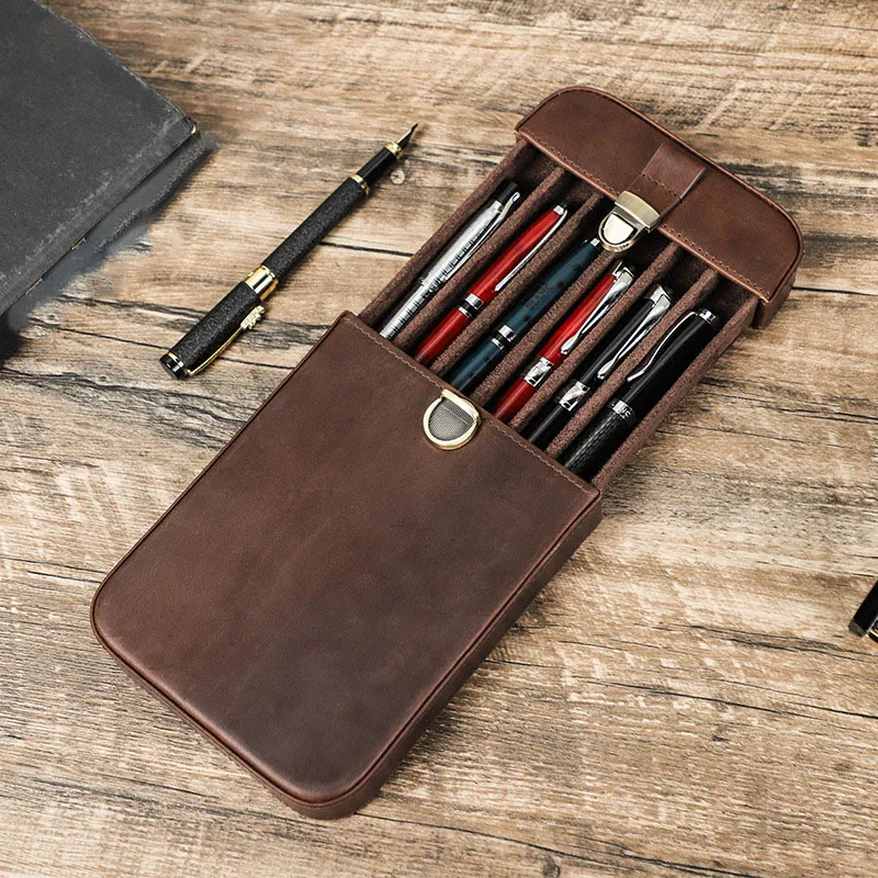 Handmade Genuine Leather Pencil Case with 6 Slots Detachable Drawer-style Fountain Pen Storage Box Travel Office Stationery