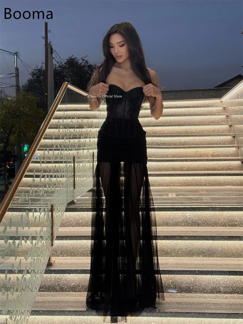 Booma A-Line Sexy Tulle Lace Prom Dresses Strapless Formal Gowns for Women Long Sleeveless Evening Dress Customized 2025