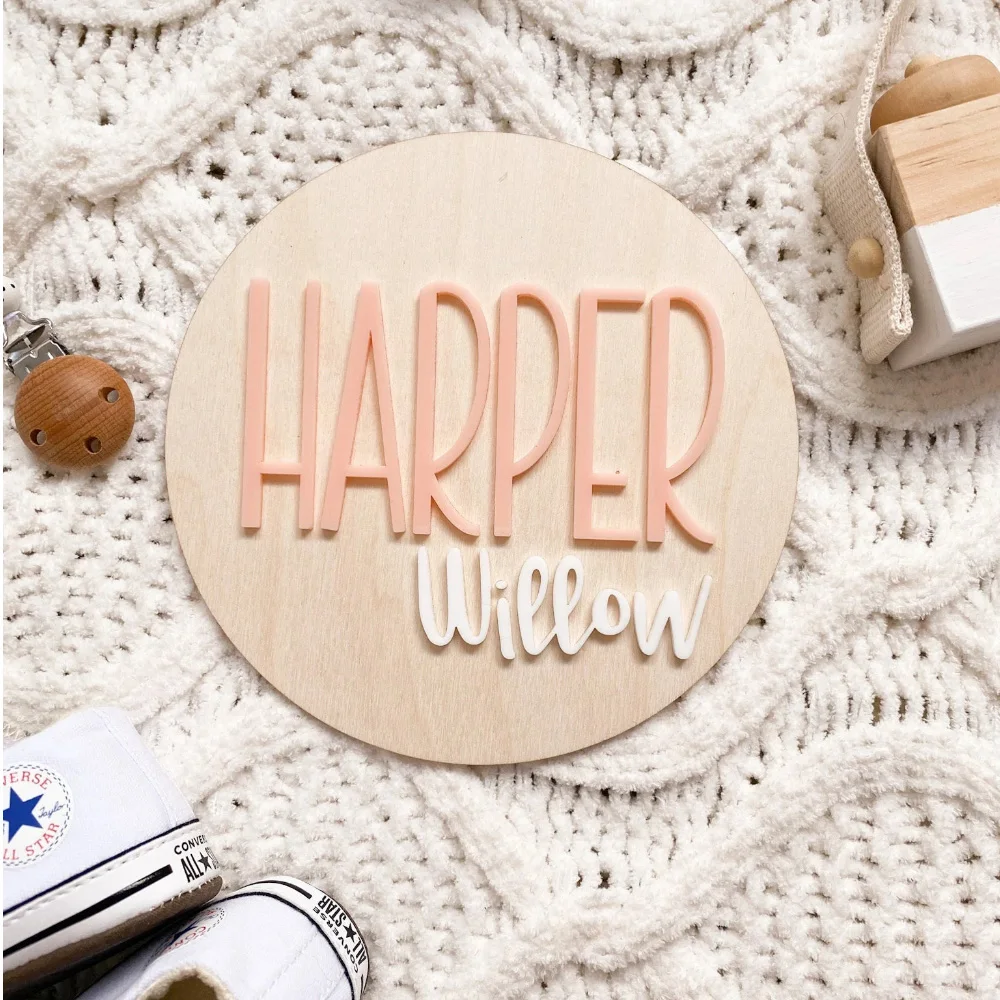 Placa de anuncio de nacimiento personalizada - Placa de nombre de bebé de madera y acrílico - Decoración de guardería