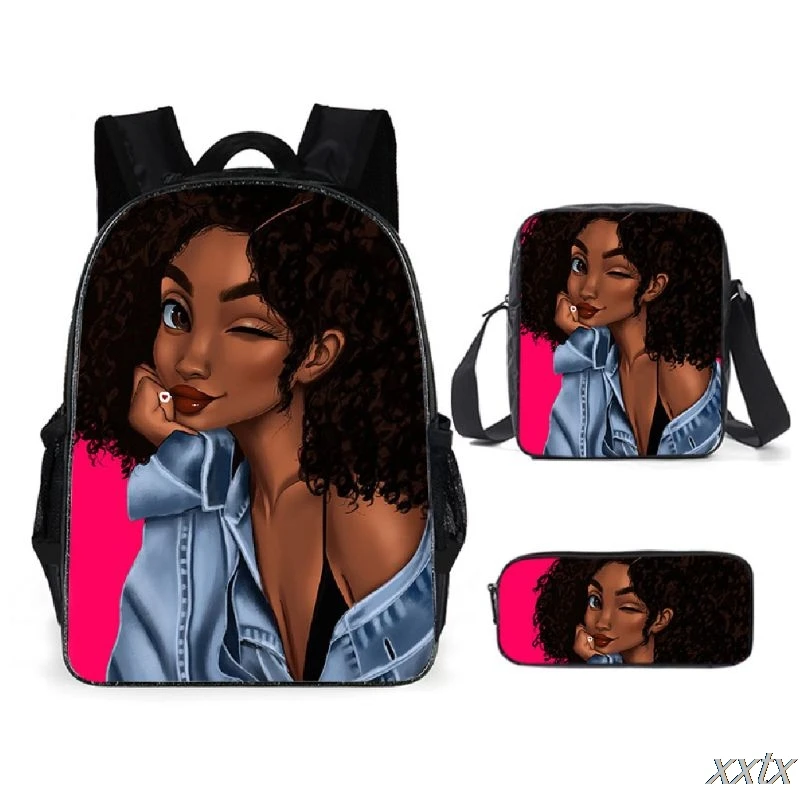 Sac à dos imprimé 3D fille africaine, sac à bandoulière incliné, sac d'école pour élève, sac à dos pour ordinateur portable, étui à crayons, nouveauté Harajuku, 3 pièces par ensemble