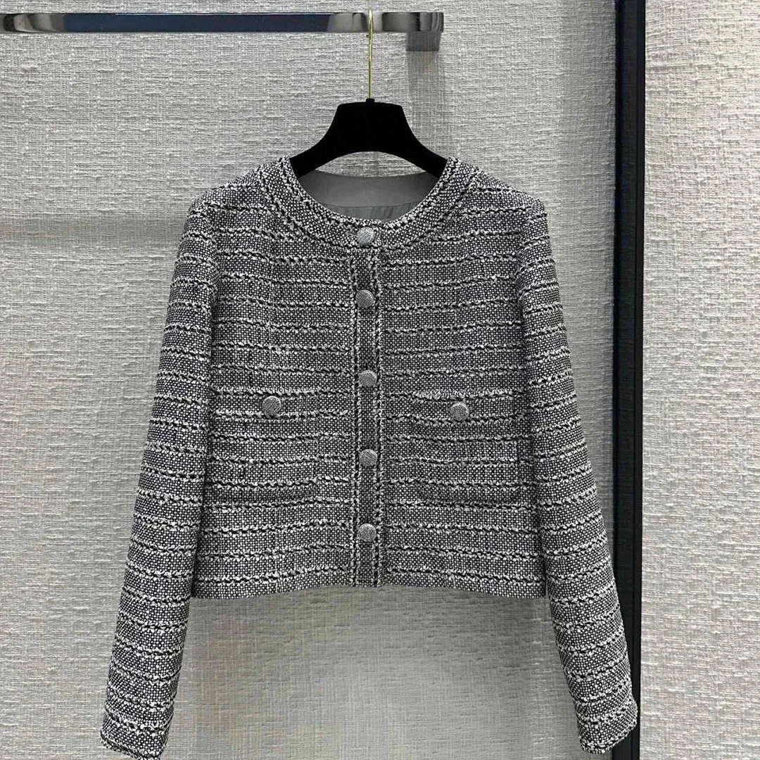 Luxury Runway Fashion Black Stripes Tweed Jacket Women Vintage O-neck Long Sleeve Single Breasted Pockets Sweet Short Coat