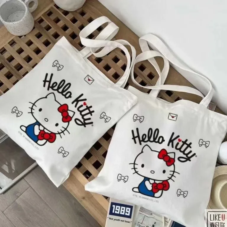 Hello Kitty Canvas Tote Bag Aesthetic Personalized Custom Reusable Grocery Bags Shopping Shoulder Bag Cute Travel Tote Bag Gift