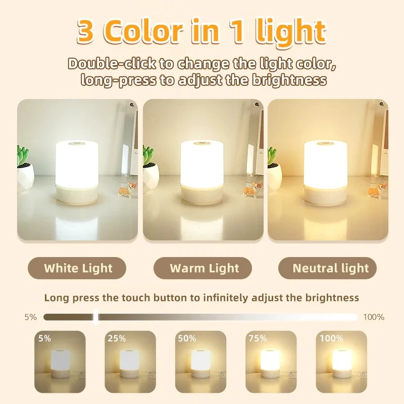 Touch Night Lamp 3 Modes Dimming Bedroom Bedside Lamp USB Charging Night Light Ambient Light Soft Light Table Lamp For Kids Gift