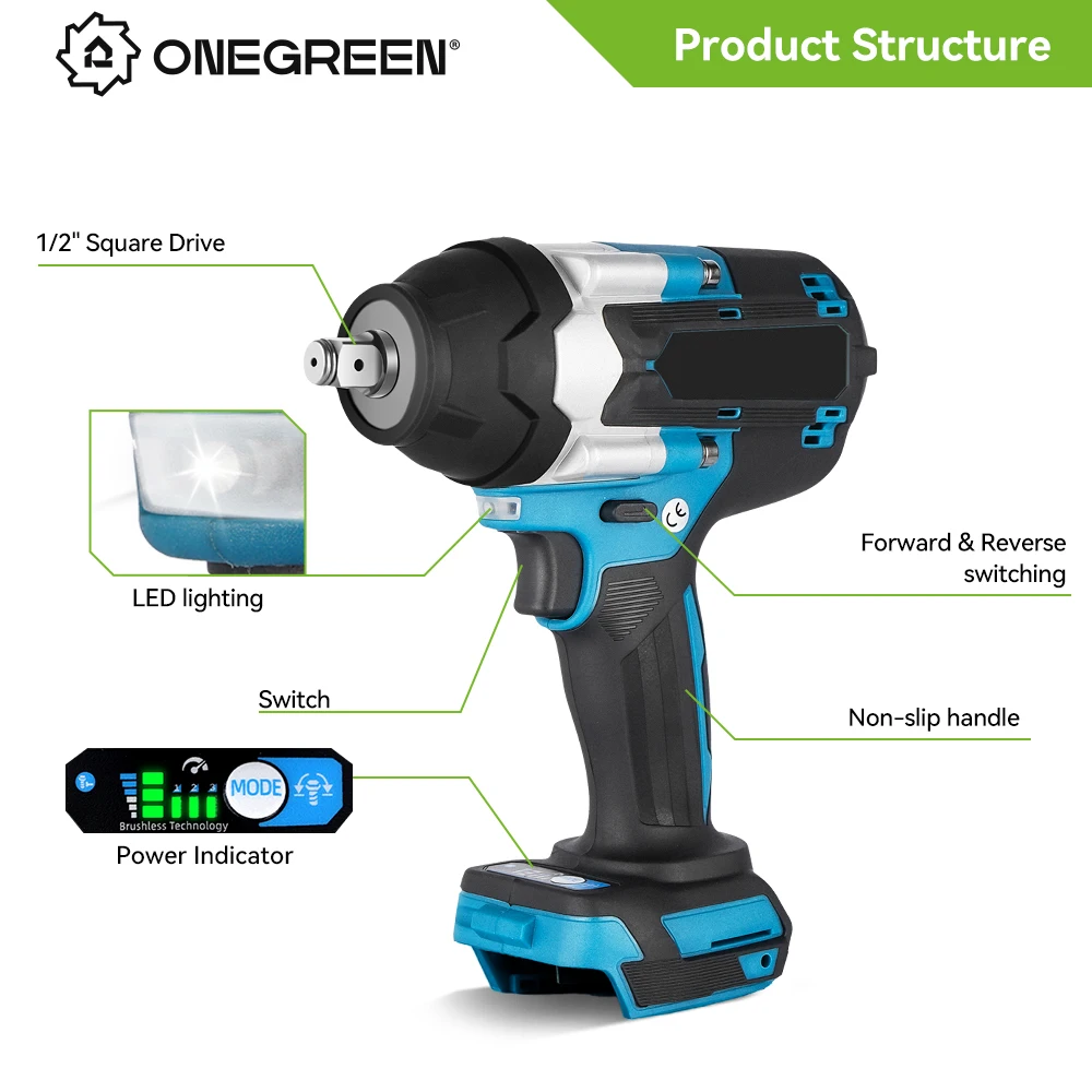 1800N.M Torque Brushless Electric Impact Wrench Cordless Wrench 1/2 inch Lithium-Ion Battery Power Tools For Makita 18V Battery