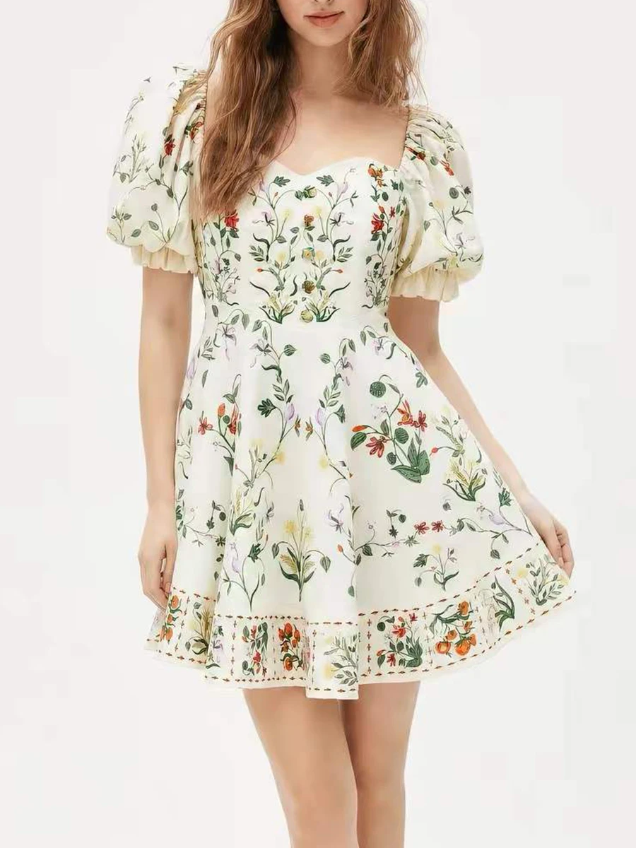 TWOTWINSTYLE Colorblock Slimming Spliced Printing Dress for Women Square Neck Short Sleeves Patchwork Zipper Mini Dresses Female