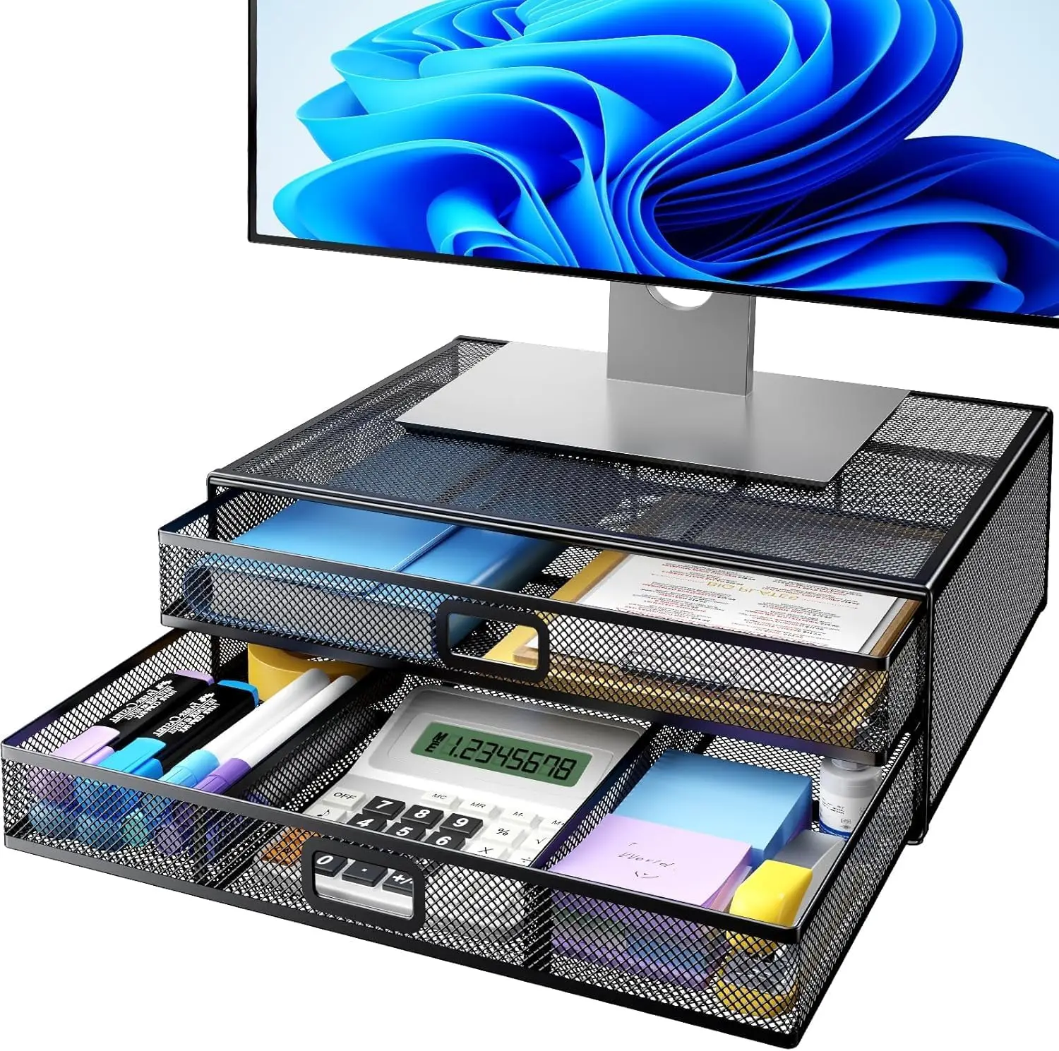 

2 Tier Monitor Stand, Metal Monitor Riser with Drawer, Desk Organizer, Monitor Stand with Storage, Desktop Computer Stand for