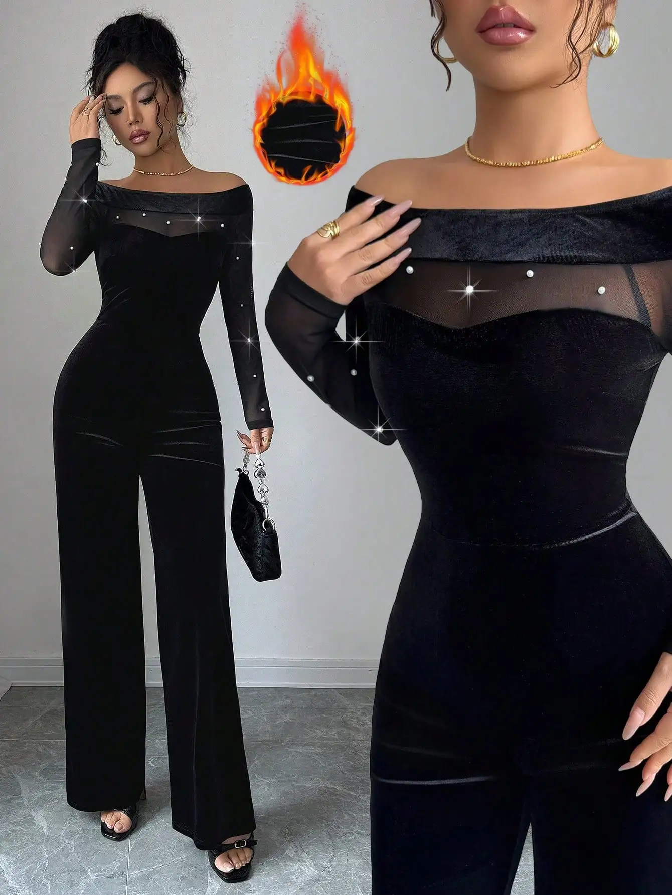 

BWQ Elenzga Elegant Casual Commuter Off Shoulder Mesh Patchwork Faux Pearl Waist Tight Jumpsuit For Women, Autumn/Winter