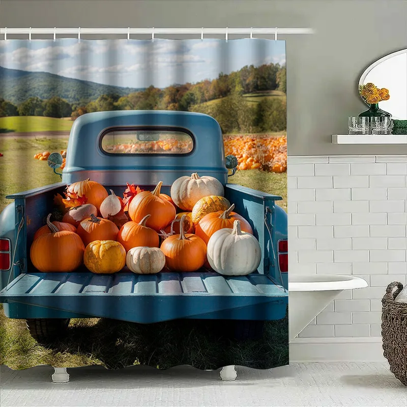 

Tuniu Blue Truck Full of Pumpkins Autumn Harvest Fall Decor Shower Curtain Halloween Backdrop