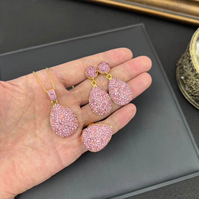 

Multicolor Tourmaline Pink Crystal Gemstone Jewelry Set Elegant Pendant Ear Ring Wedding Party Gift