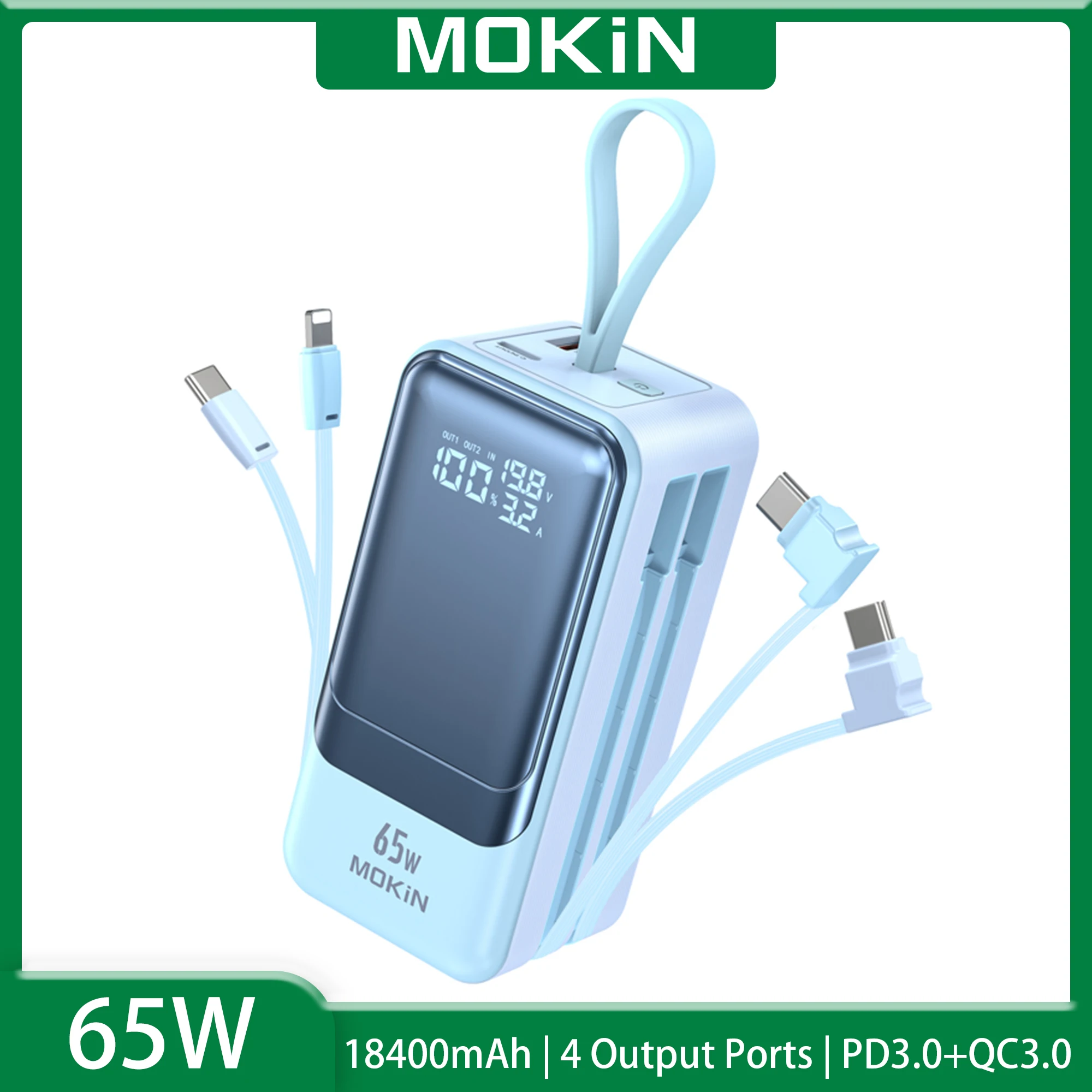 MOKiN 65W Power Bank 18400 mAh Capacity Bank Built-in USB C & iOS Cables 4-Output PD3.0 USB C Charger for MacBook Pro/Air iPhone