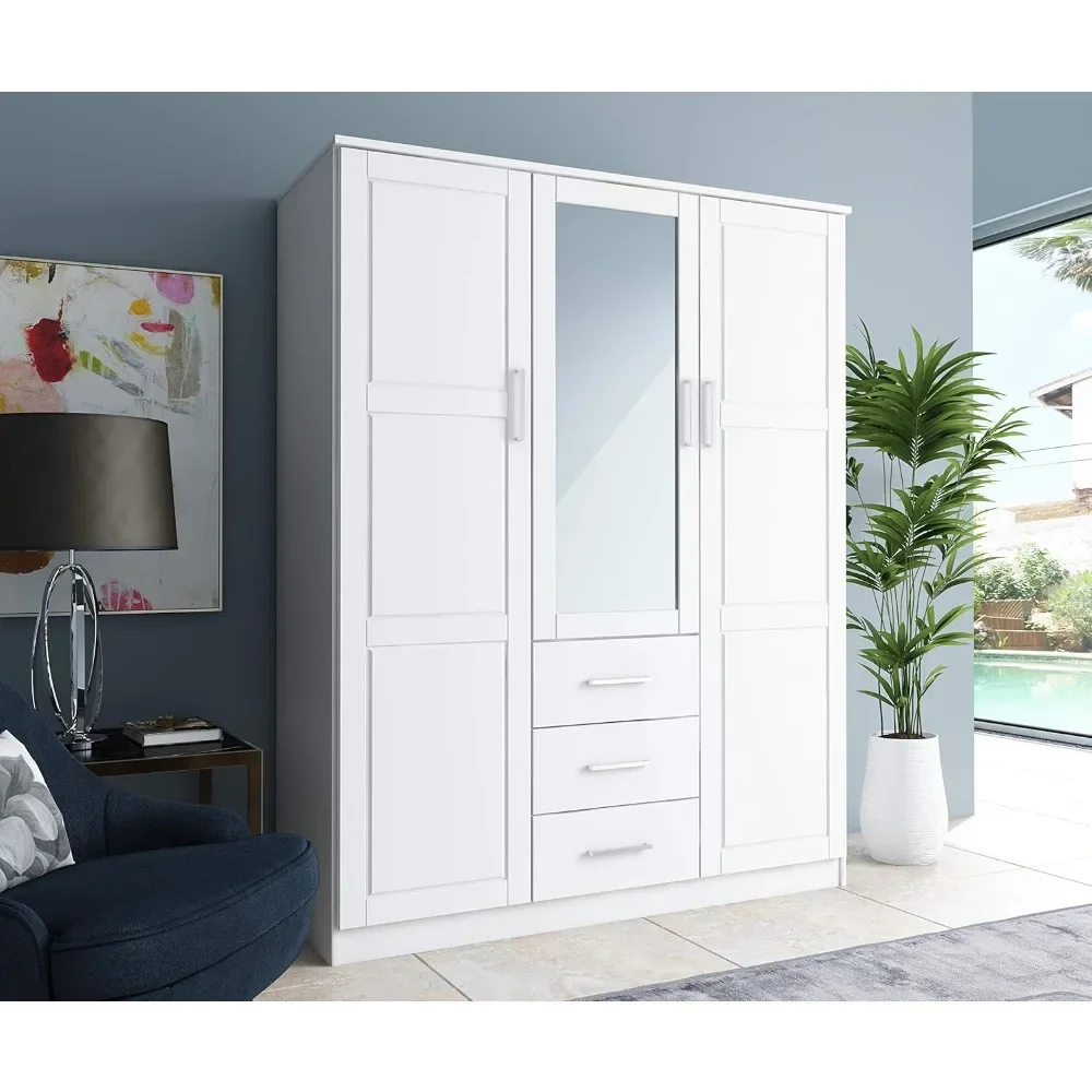 

Cosmo Solid Wood 3-door Wardrobe with Mirror and 3 Drawers, White, 56.25" W x 72" H x 20.75" D, Renewable Eco-Friendly Wood