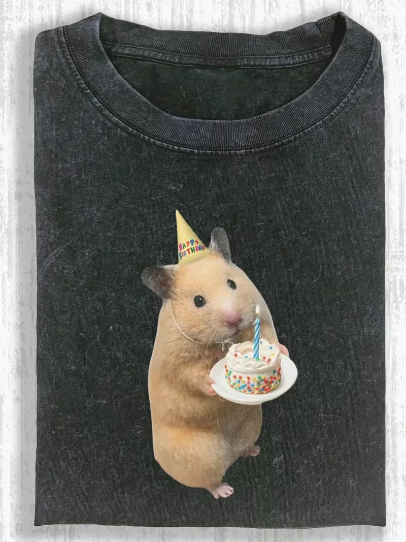 Cute Daily Life Hamster Graphic T-Shirt, Vintage Washed Crew Neck Loose Casual Short Sleeve Men Women Daily Street Style Top