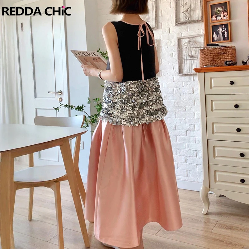 

ReddaChic Women Sequined Tank Long Skirt Pretty and Elegant Color Block Ruffle Skirt Stitch Tank Top Set Work Summer Clothes