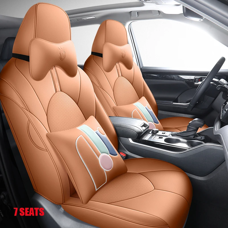 7 Seats Custom Fit Car Seat Covers For Toyota Highlander 2022 2023 2024 -Three Rows, Faux Leather Second Row 40/60 Split