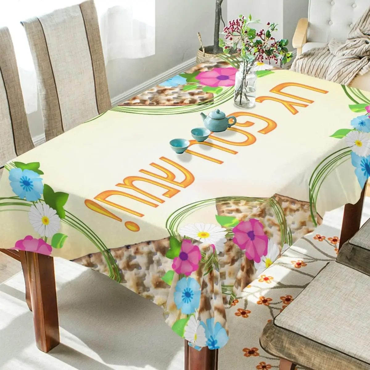 Happy Passover Rectangle Tablecloth for Table Decor Jewish Hebrew Pesach Matzo Flowers Dining Table Cloth Passover Decorations