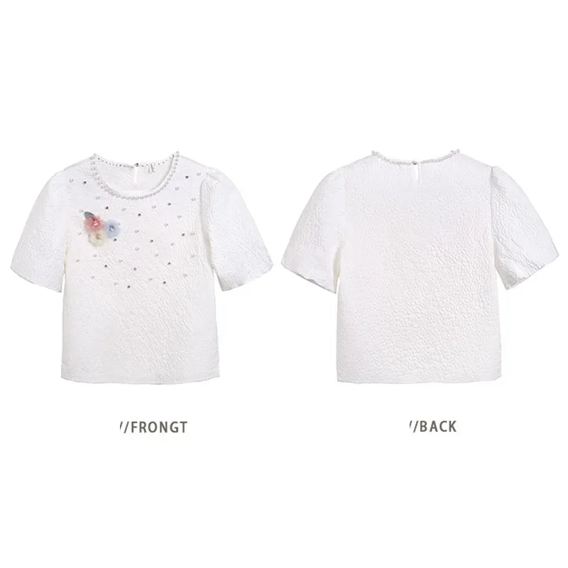 New Fashion Sweet Office Women\'s Shirts Casual Summer Short Sleeve Women Blouses with Beading Elegant Floral Woman Tops 1036