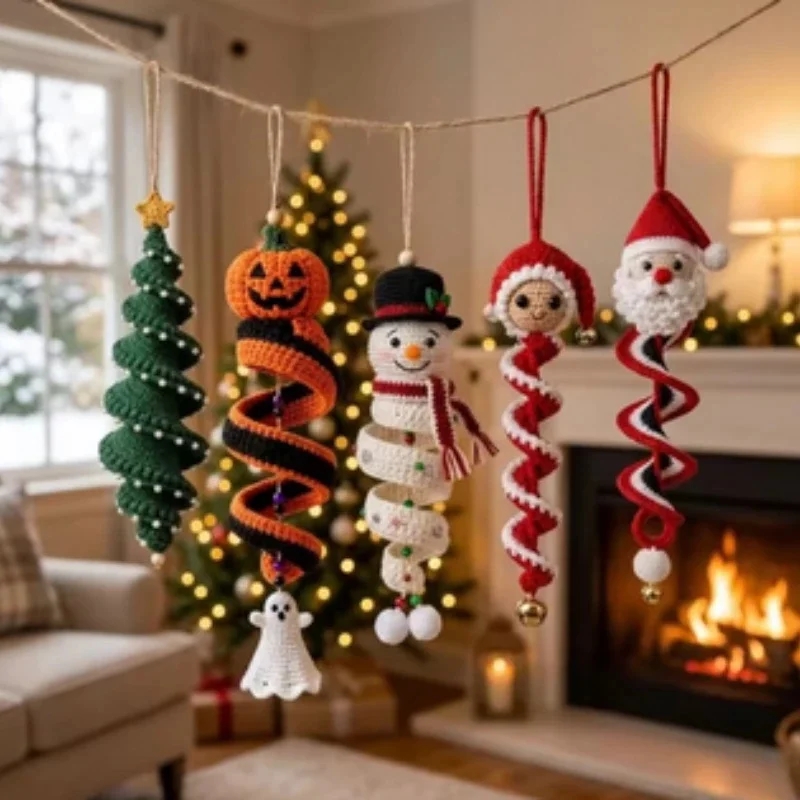 DIY Crochet Snowman & Christmas Tree Spiral Ornament Kit Handmade Craft Holiday Decor Hanging Pendant for Home Wall Window
