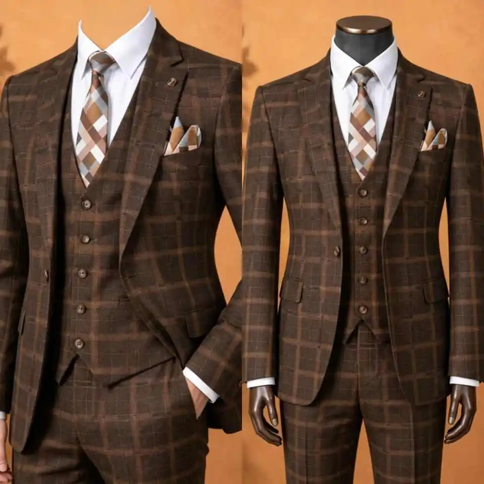 Elegant Brown Plaid Men 3 Piece Suit Jacket Vest Pants Formal Wedding Suit For Groom Business Banquet Party Occasion Customized