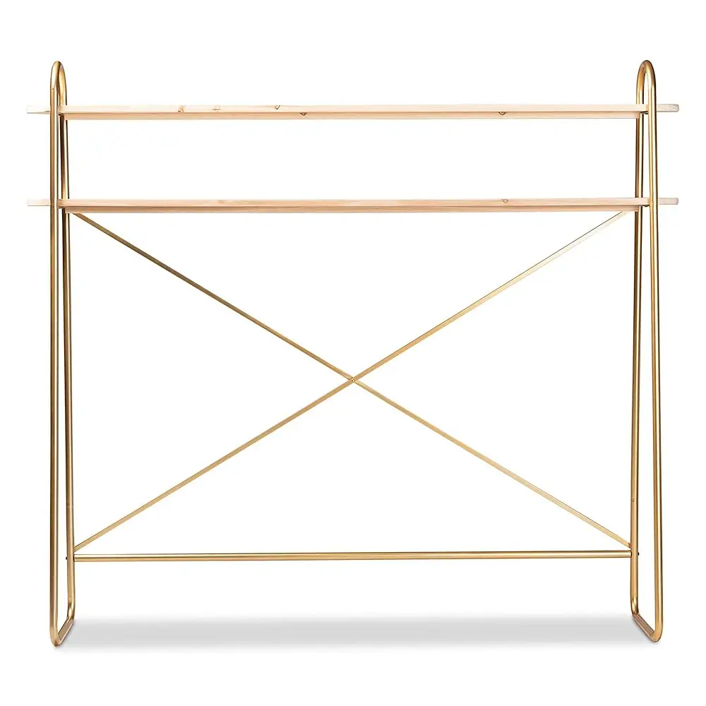 Merida Glam dan Luxe Disikat Logam Jadi Emas dan Kayu Jadi Coklat Alami 2 Tingkat Di Atas Tempat Tidur Tampilan Penyimpanan Ukuran Queen