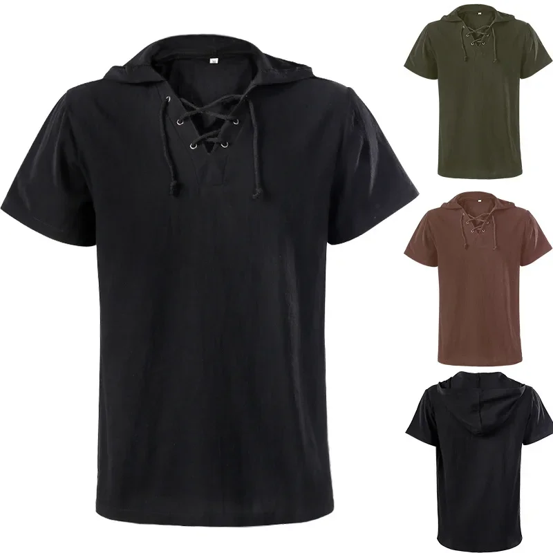 

2025 Средневековая викторианская рубашка с капюшоном в стиле стимпанк, новая рубашка с коротким рукавом, новый топ в европейском и американском стиле для мужчин