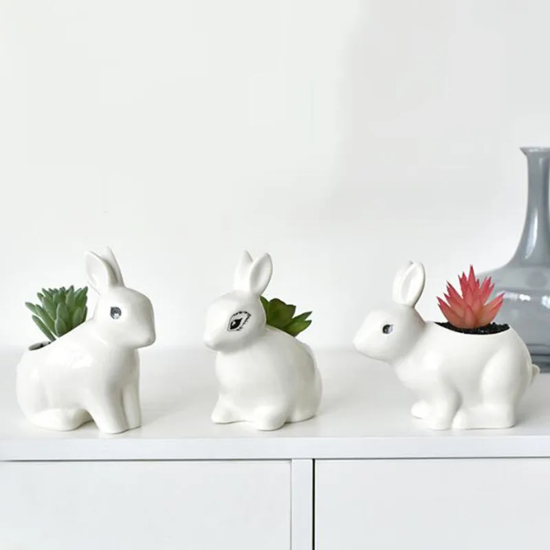 Simplicity Style White Porcelain Rabbit Flowerpot Succulent Plant Pot Bonsai Vase Desktop Ornaments Home Garden Decor