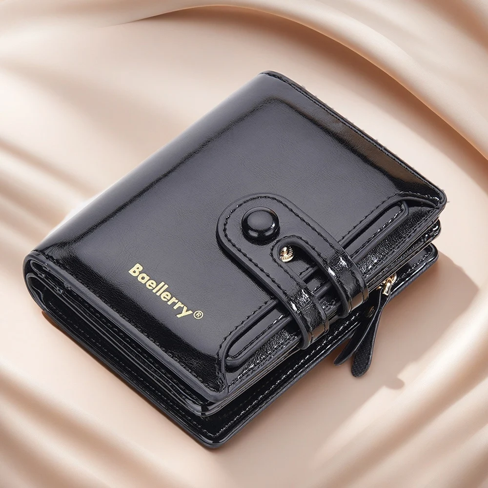 CFUN YA Women PU Compact Wallet Double Zip Coin Compartments Snap Tab Card Slots Clear ID Window and Note Pocket for Daily Use
