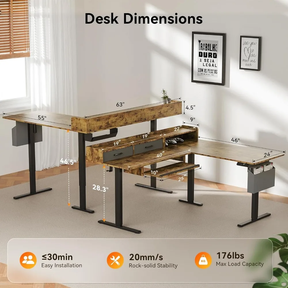 مكتب كهربائي على شكل حرف L قابل للتعديل مع درجين، صينية لوحة مفاتيح للكمبيوتر المكتبي المنزلي، خيار الجلوس على الوقوف